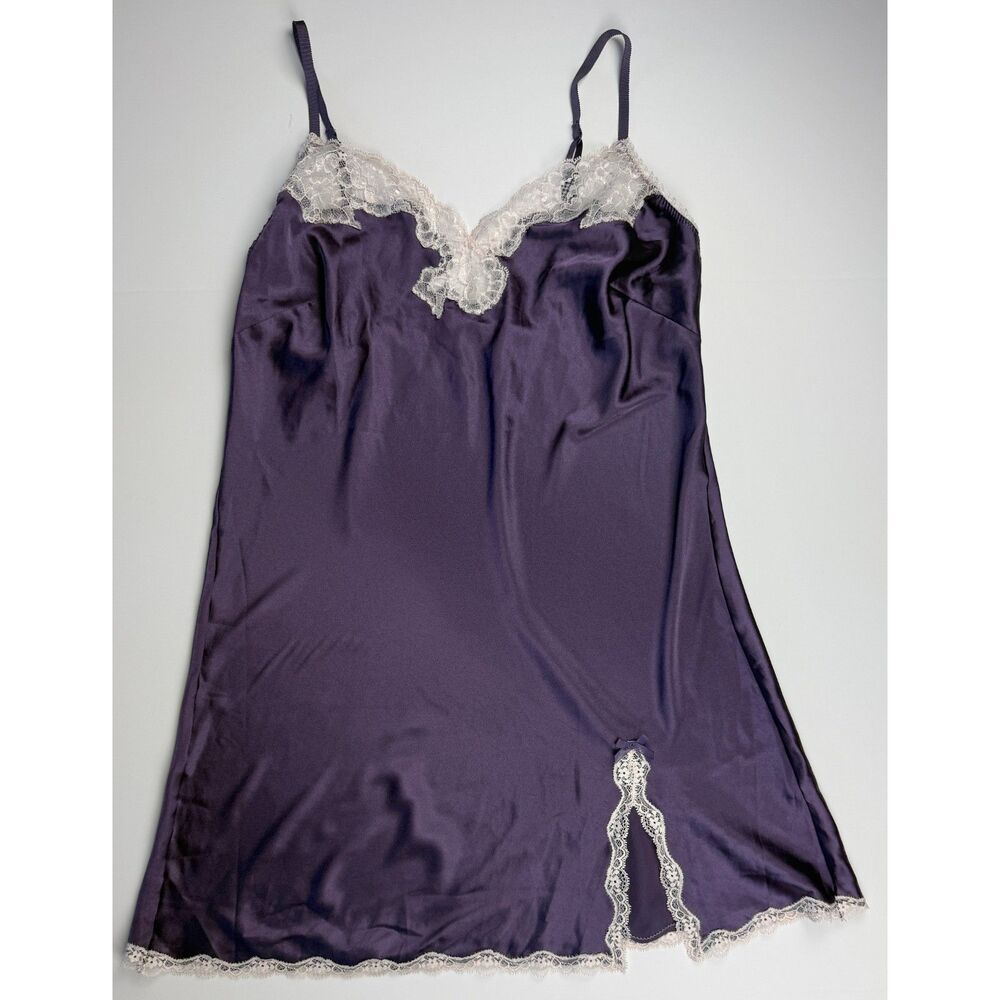 Victoria's Secret Purple Satin Slip Ivory Lace Trim Size L